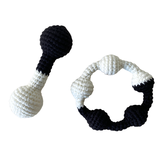 Sensory Set of Black & White Crochet Bell Rattle and Grasping Ring